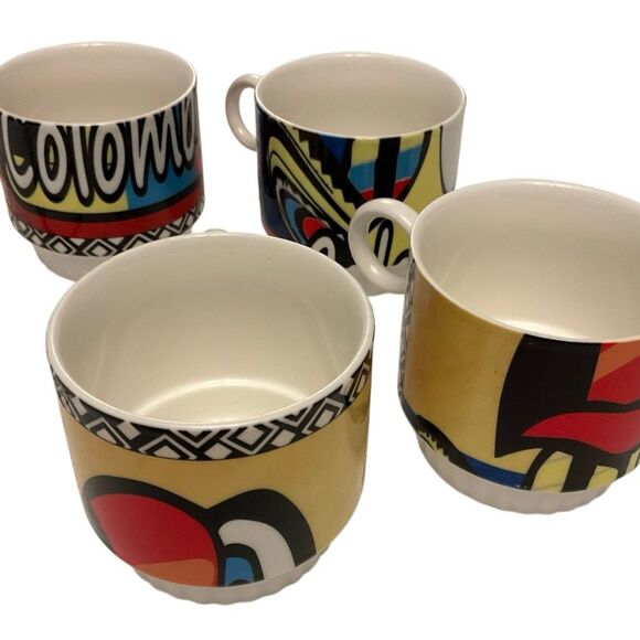 Vintage Columbia Toucan Stacking Coffee Cups. Set of 4 with Metal Holder - Picture 3 of 16